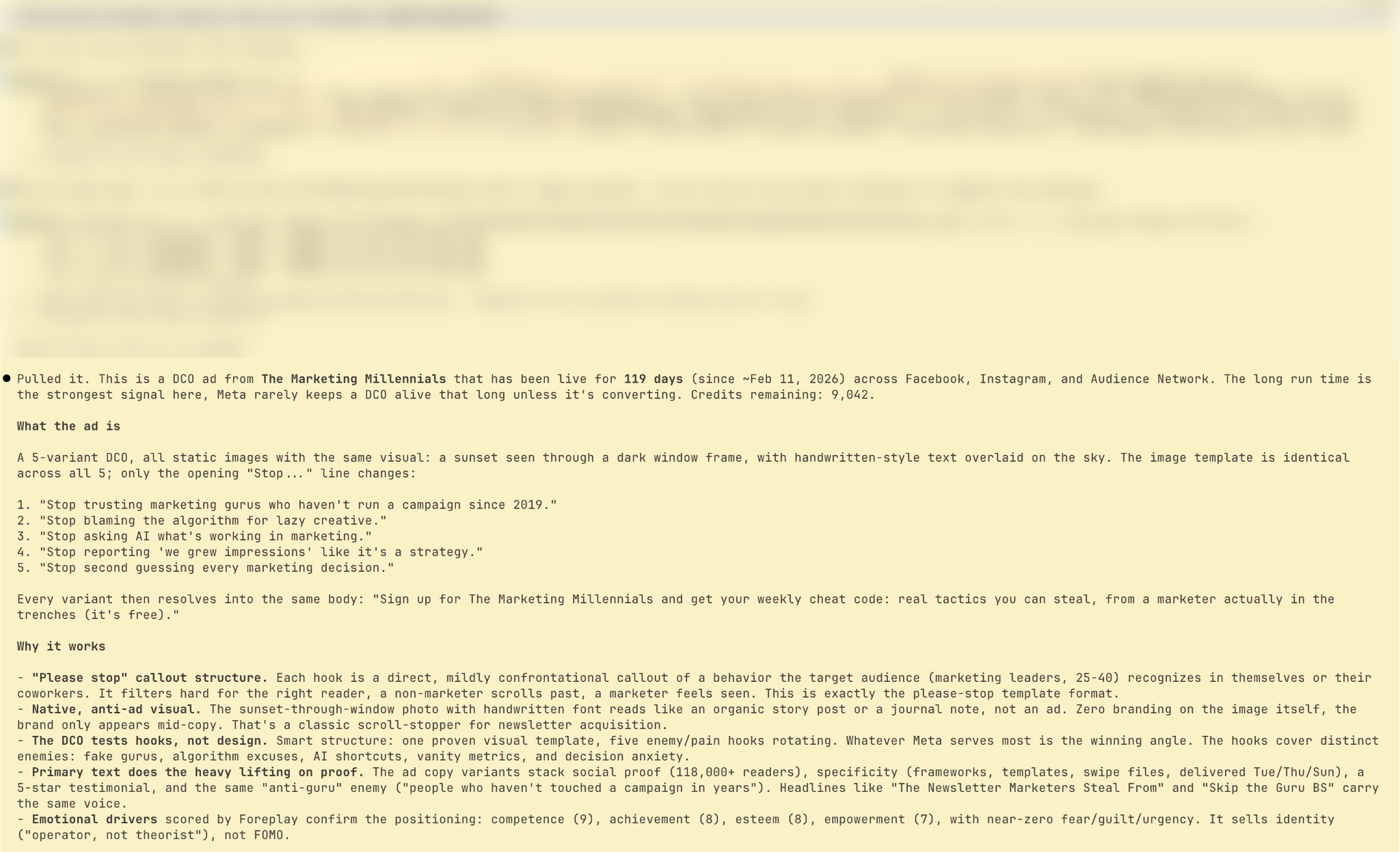 It pulls a live ad from the swipe file and writes the teardown it builds from