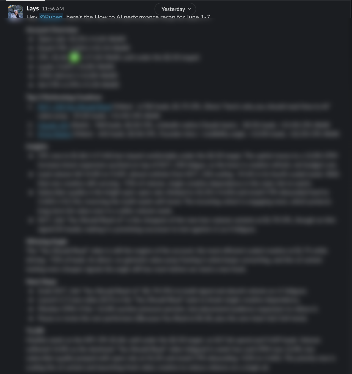 A real Friday draft in my review channel (client numbers blurred on purpose)