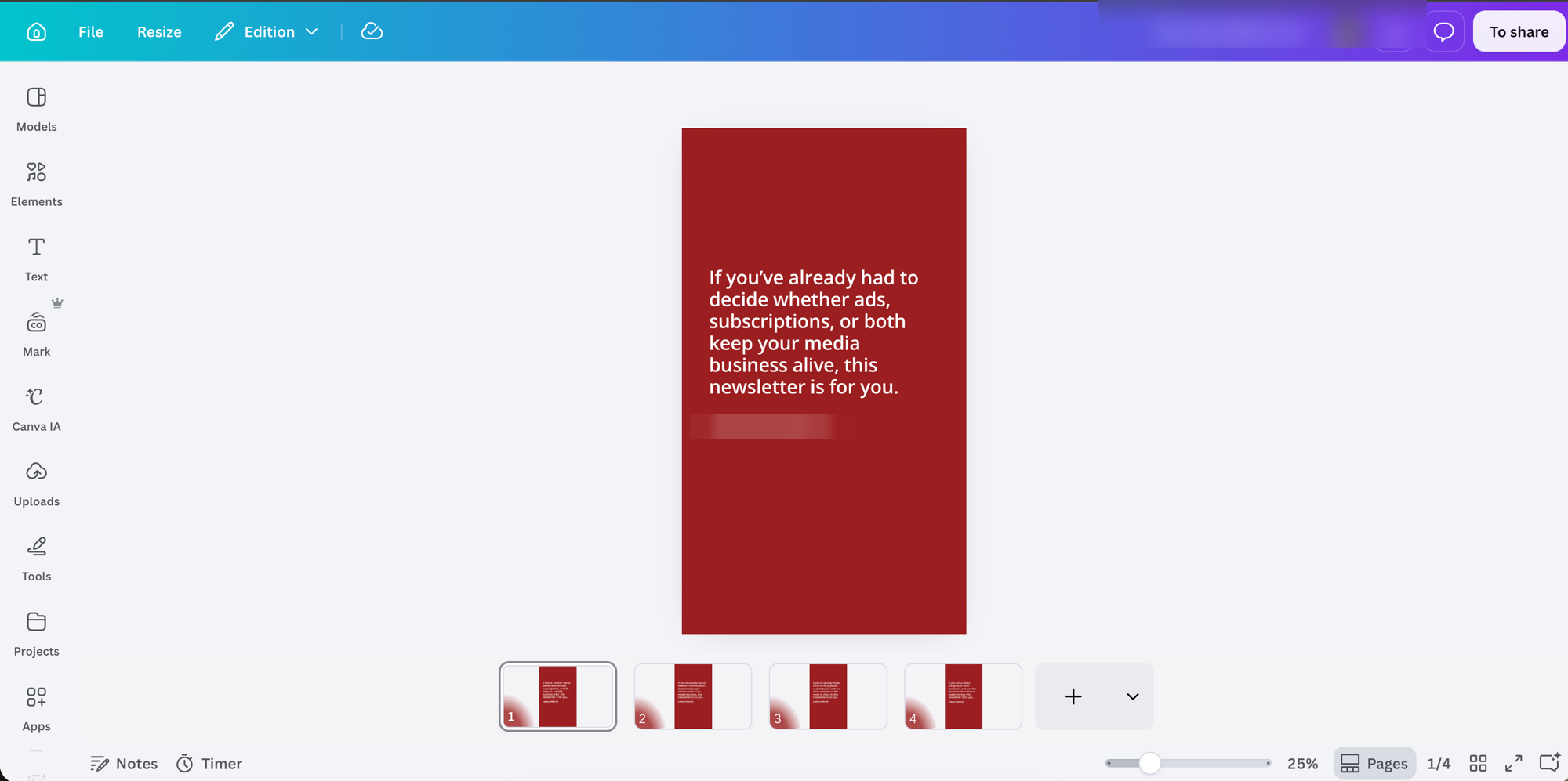 Four pages in Canva, one per approved variation