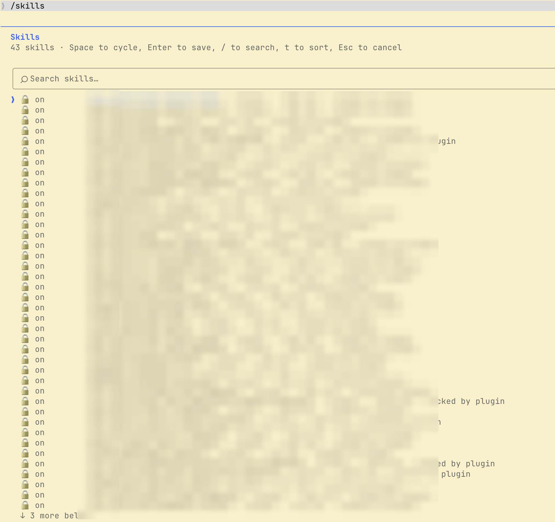 My /skills list: dozens of skills, all locked by the plugin
