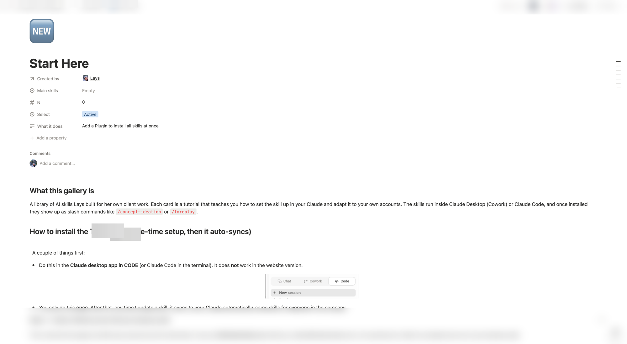 The onboarding page: one-time install, a tutorial card per skill
